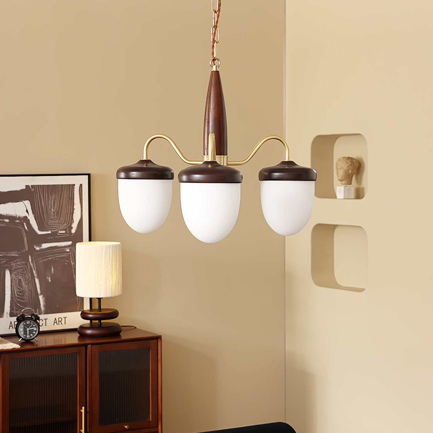 Elegant Hazelnut Branch Chandelier - Adjustable Height, Warm LED Light