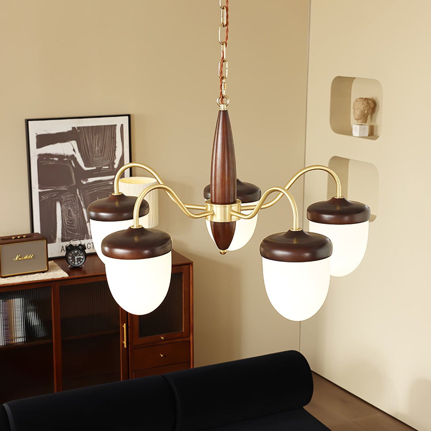 Elegant Hazelnut Branch Chandelier - Adjustable Height, Warm LED Light