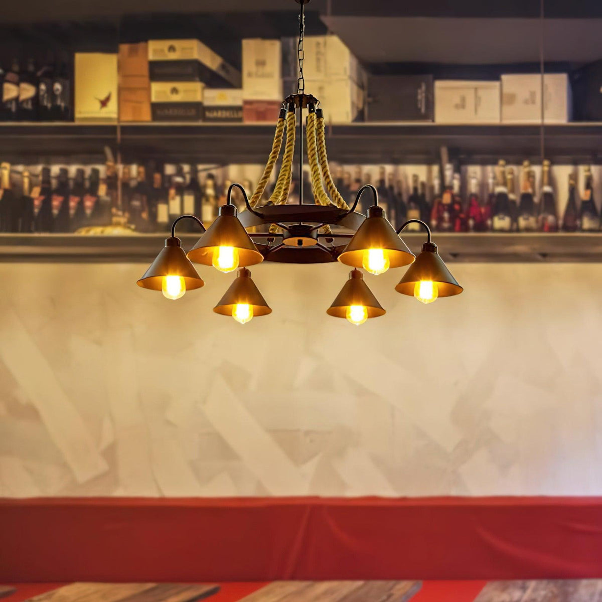 Industrial Hemp Rope Horn Chandelier, Rustic Design — front view