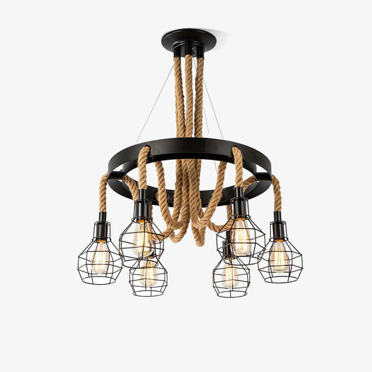 Industrial Hemp Rope Starfall Chandelier, Rustic Design — front view