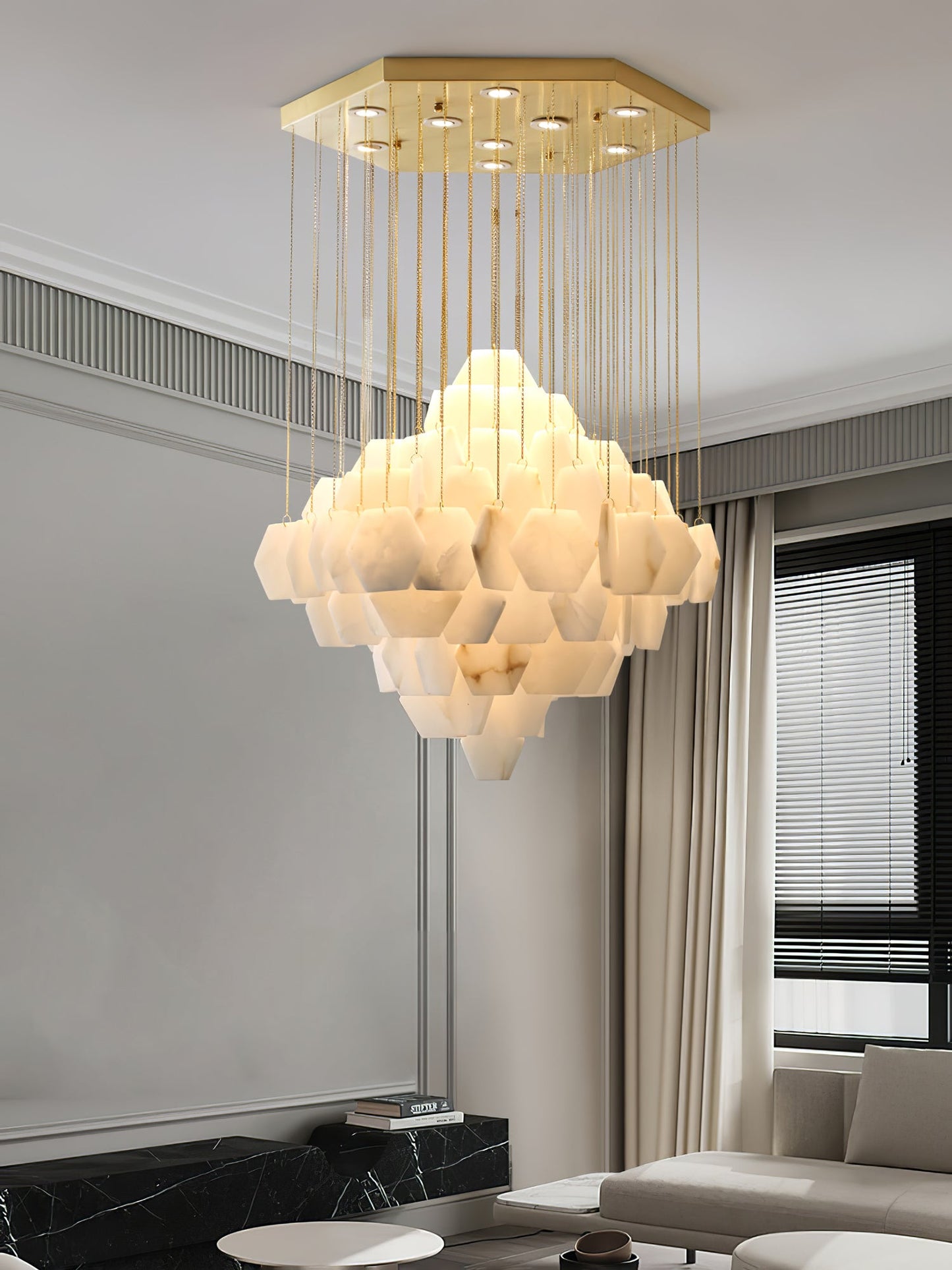 Hexa Alabaster Cascade Chandelier - Elegant Design, Adjustable Height