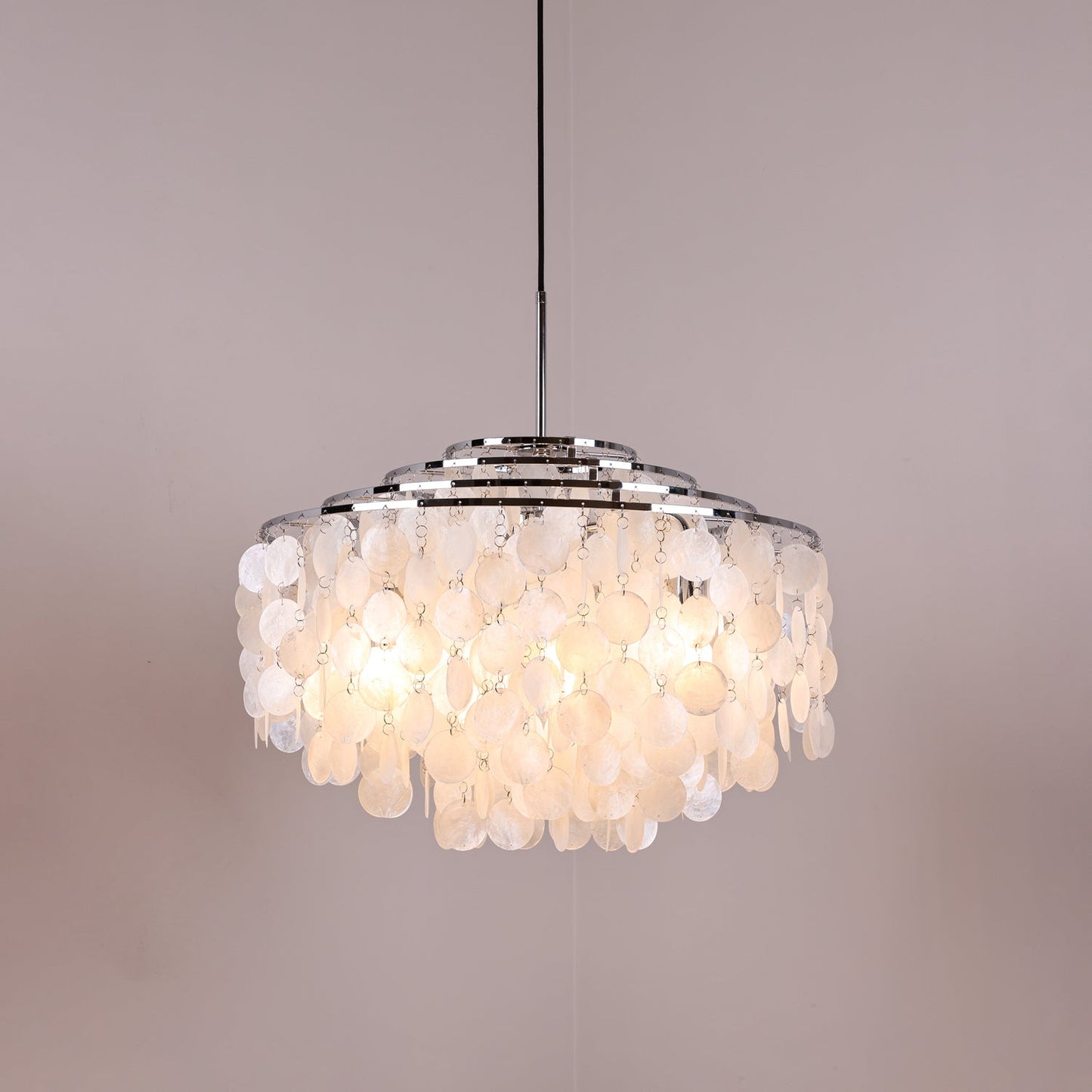 Elegant Round Shell Chandelier with Adjustable Height & Soft Lighting