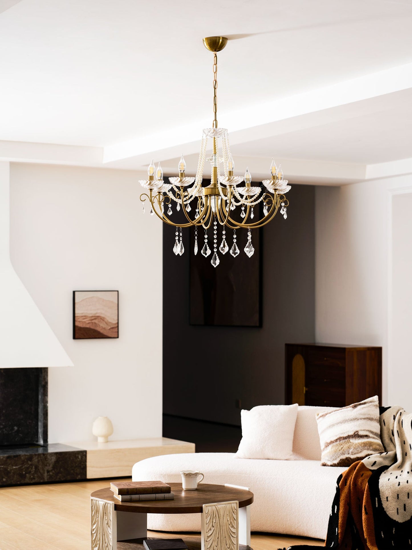 Imperial Pearl Crystal Chandelier - Elegant Design, Adjustable Height
