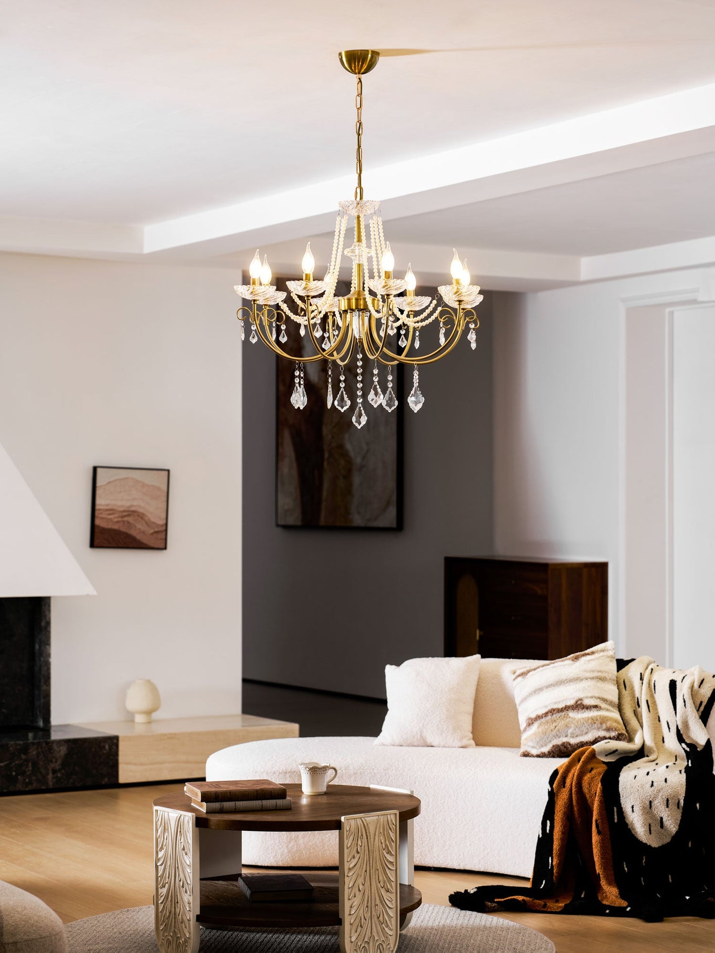 Imperial Pearl Crystal Chandelier - Elegant Design, Adjustable Height