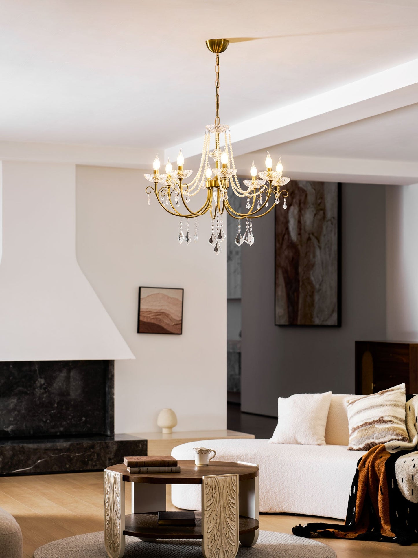 Imperial Pearl Crystal Chandelier - Elegant Design, Adjustable Height