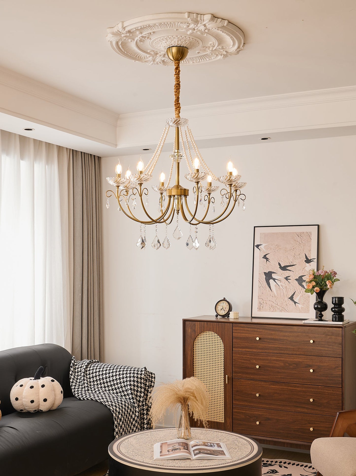 Imperial Pearl Crystal Chandelier - Elegant Design, Adjustable Height