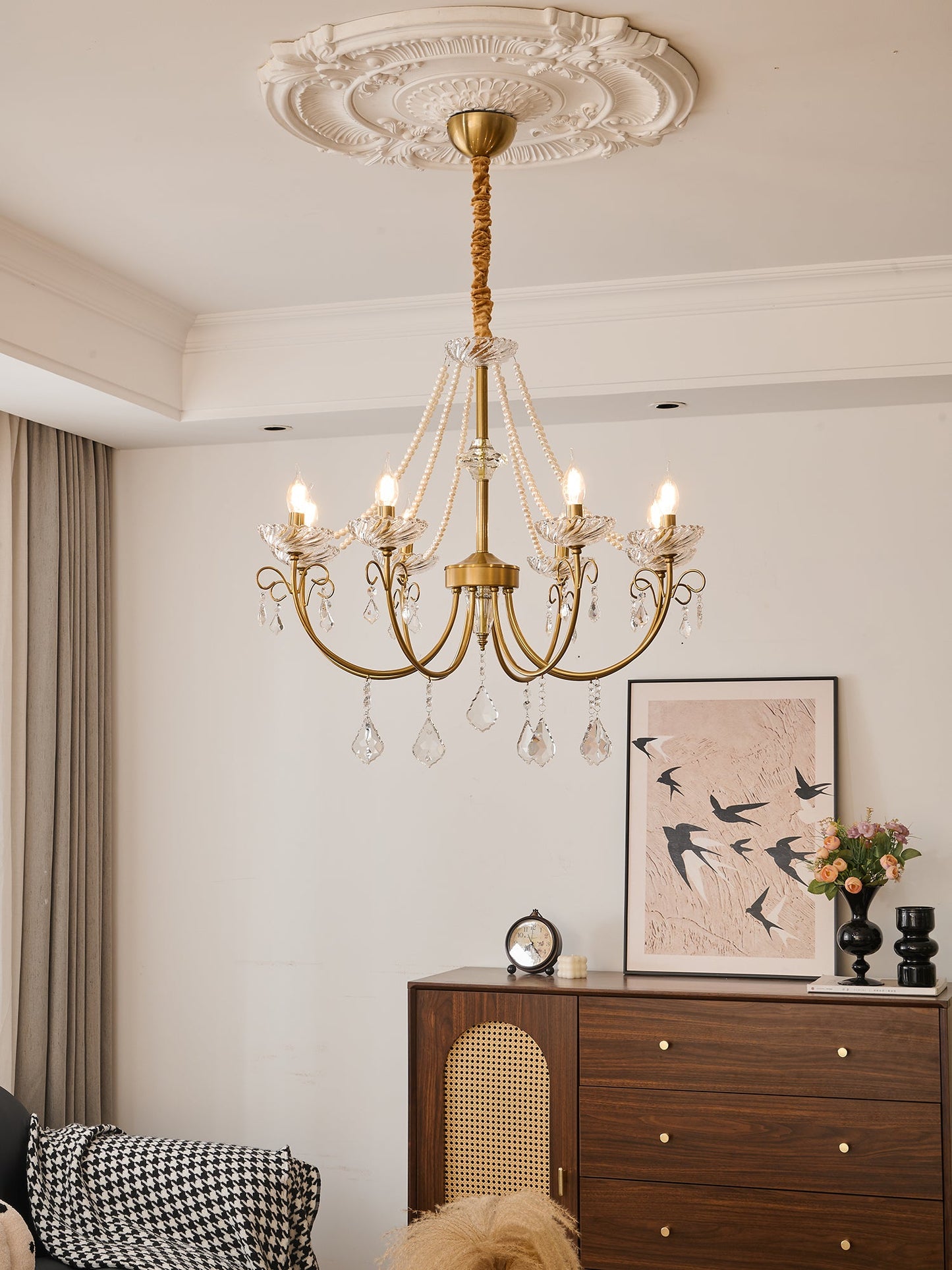 Imperial Pearl Crystal Chandelier - Elegant Design, Adjustable Height
