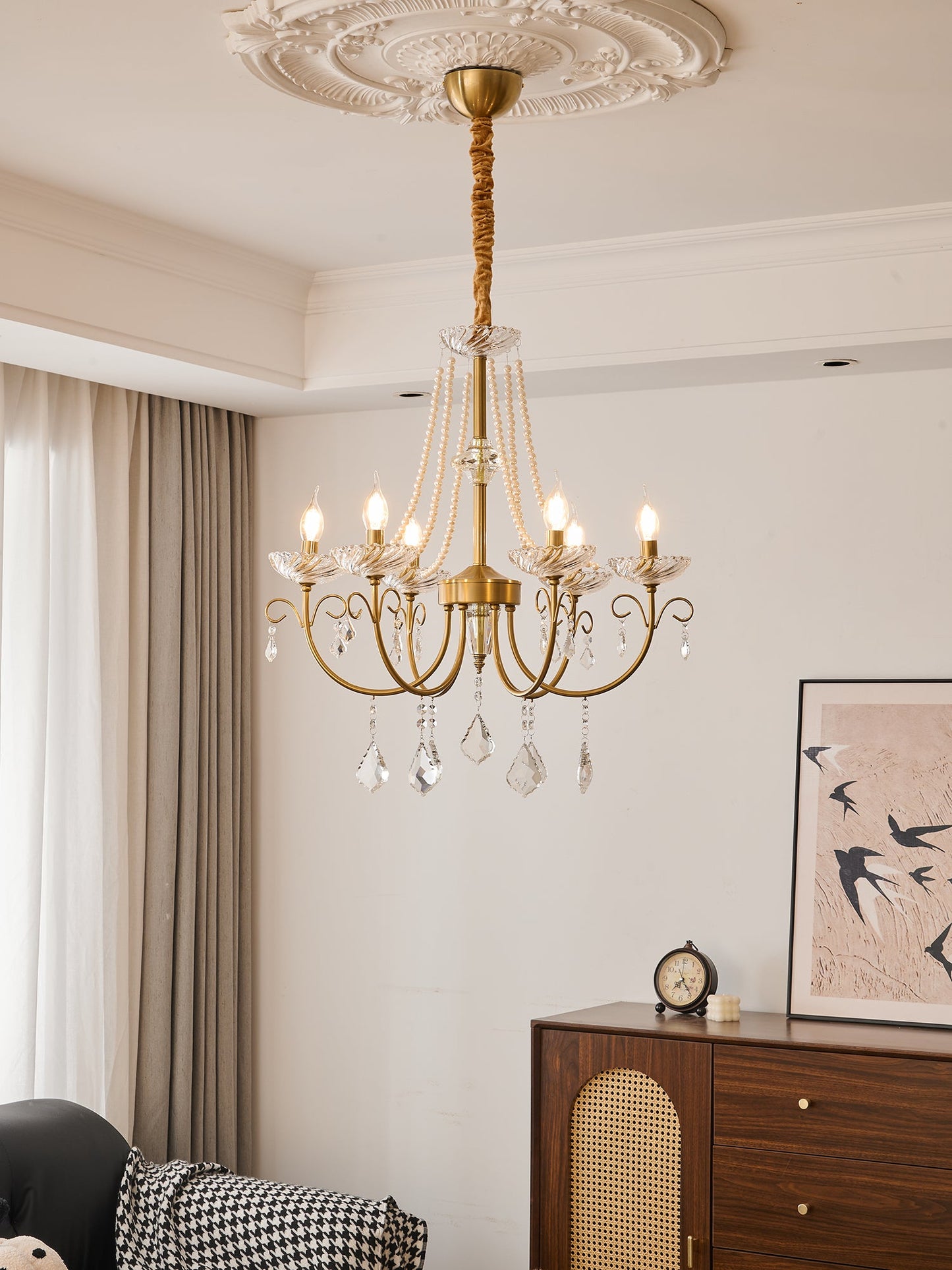 Imperial Pearl Crystal Chandelier - Elegant Design, Adjustable Height