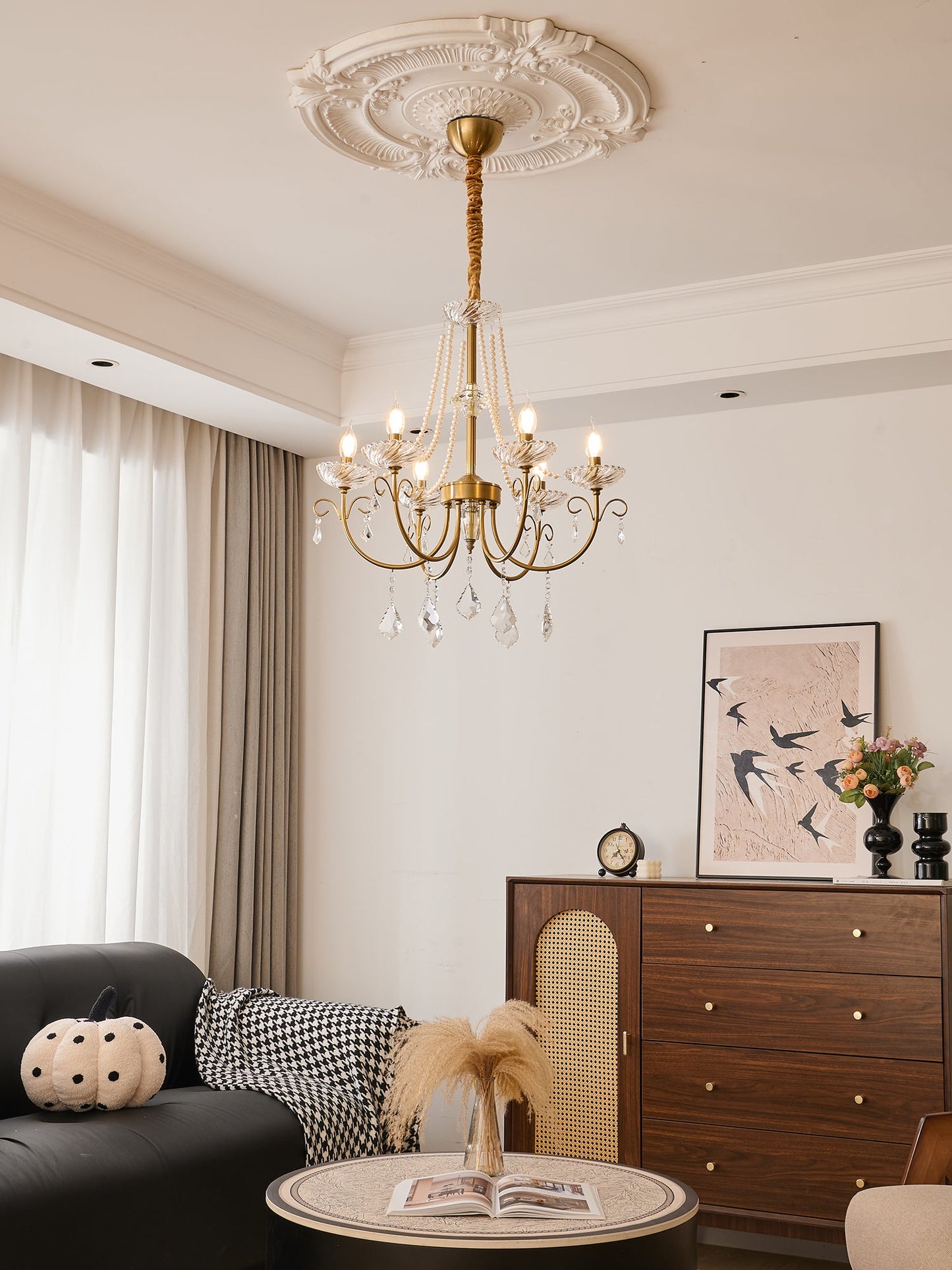 Imperial Pearl Crystal Chandelier - Elegant Design, Adjustable Height