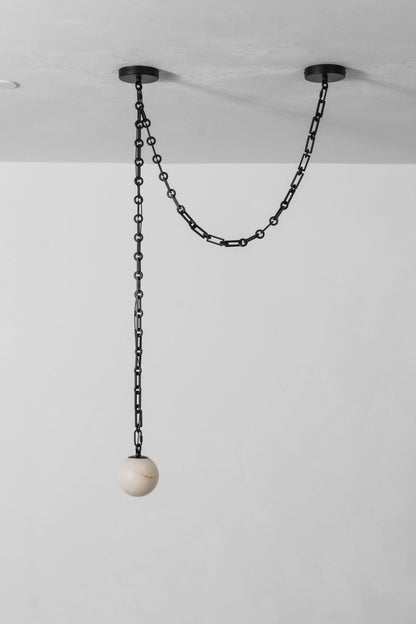 Industrial Alabaster Orb Chain Chandelier with Adjustable Height & Dim