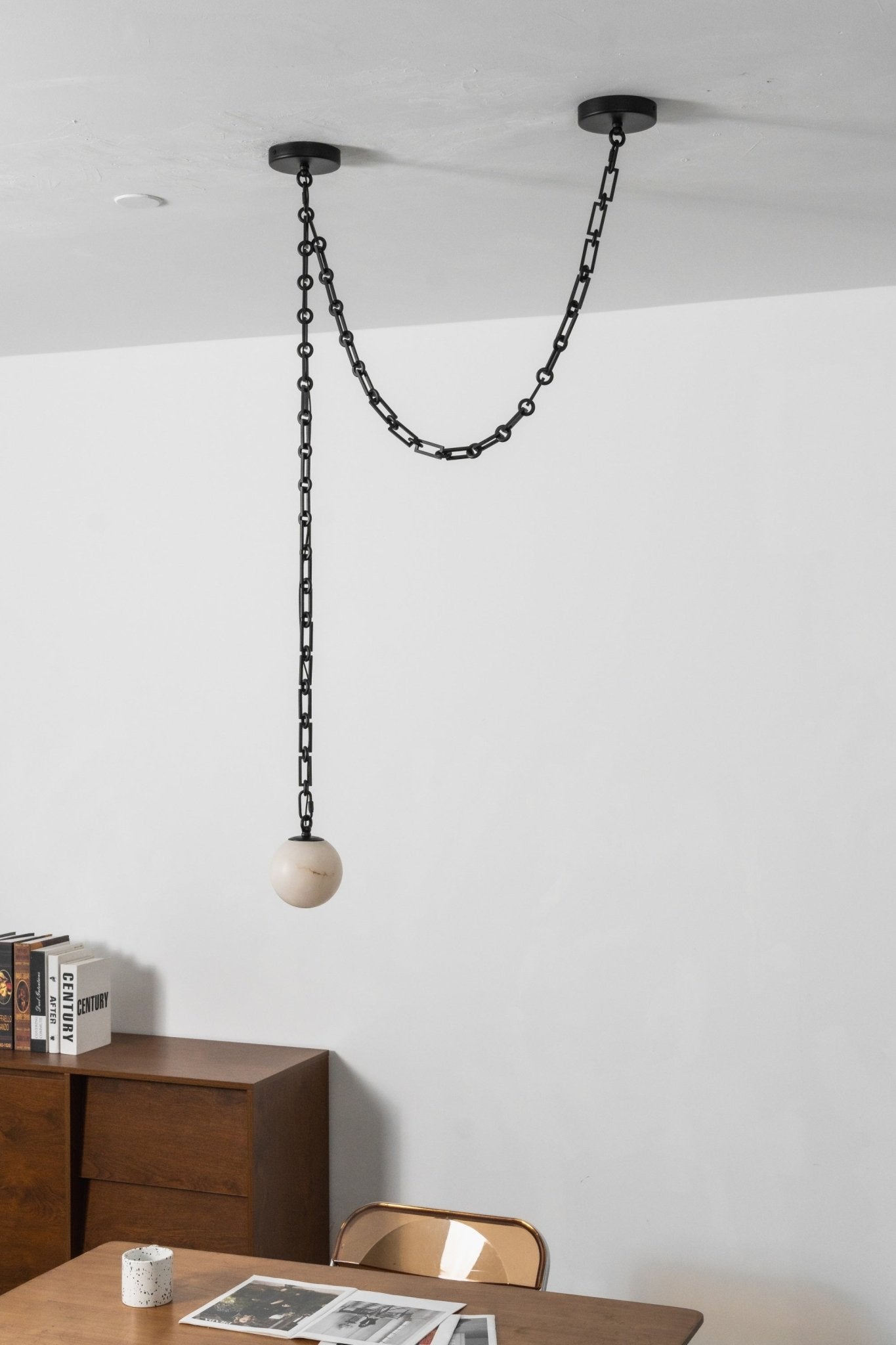 Industrial Alabaster Orb Chain Chandelier with Adjustable Height & Dim
