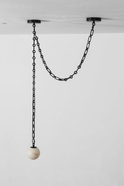 Industrial Alabaster Orb Chain Chandelier with Adjustable Height & Dim