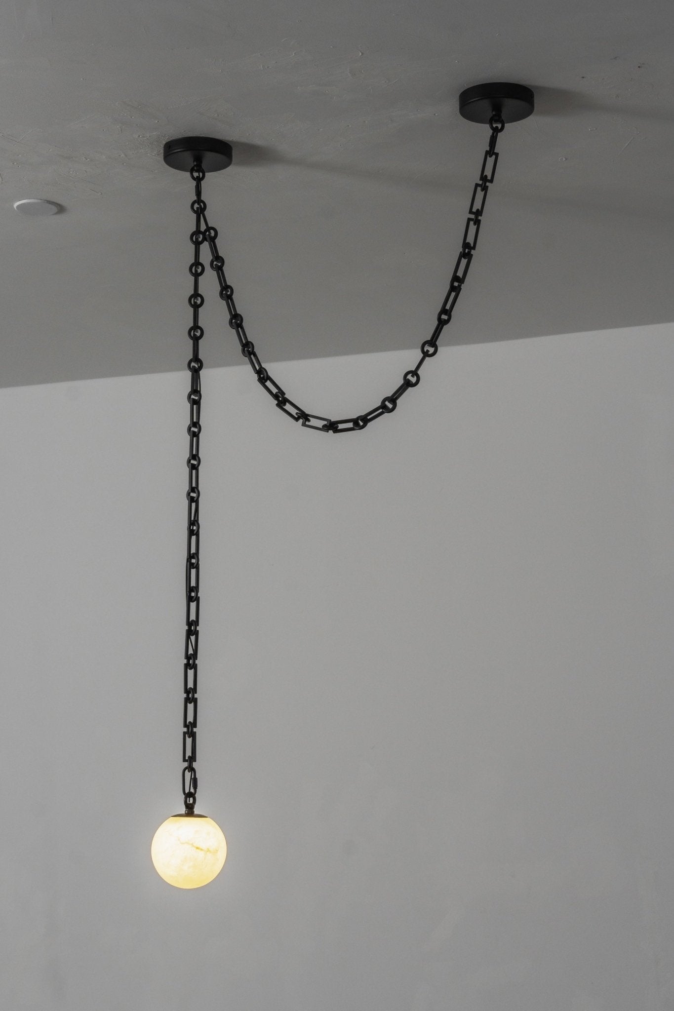 Industrial Alabaster Orb Chain Chandelier with Adjustable Height & Dim