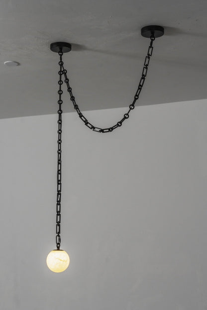 Industrial Alabaster Orb Chain Chandelier with Adjustable Height & Dim