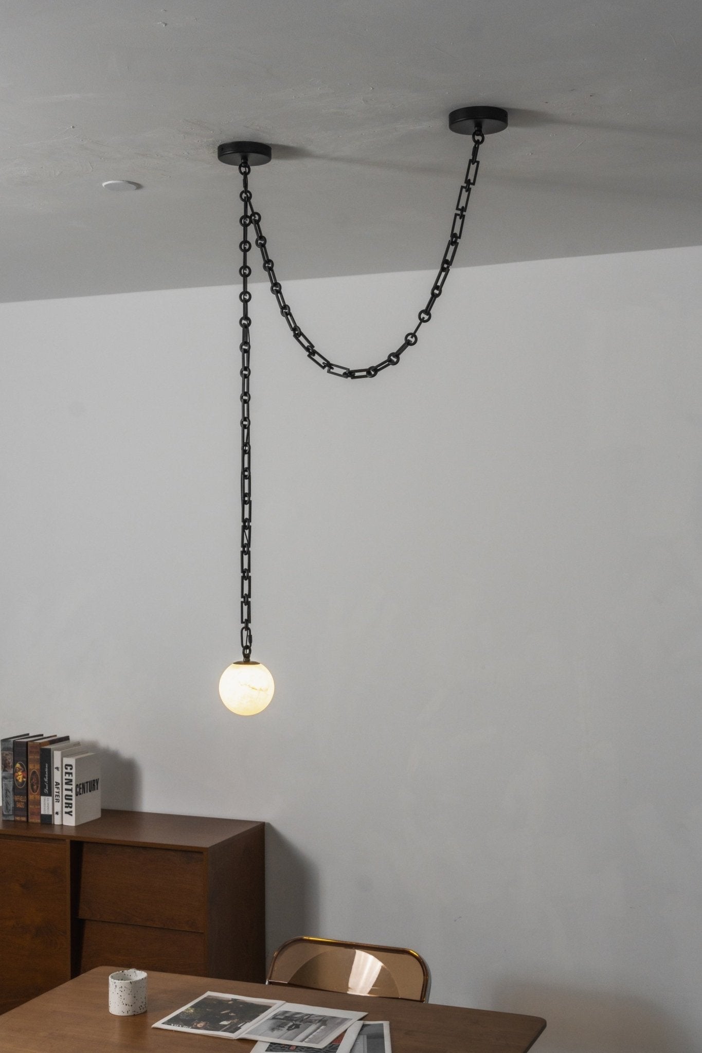 Industrial Alabaster Orb Chain Chandelier with Adjustable Height & Dim