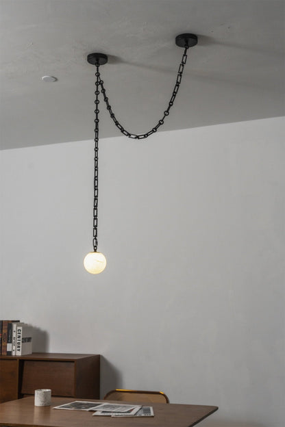 Industrial Alabaster Orb Chain Chandelier with Adjustable Height & Dim