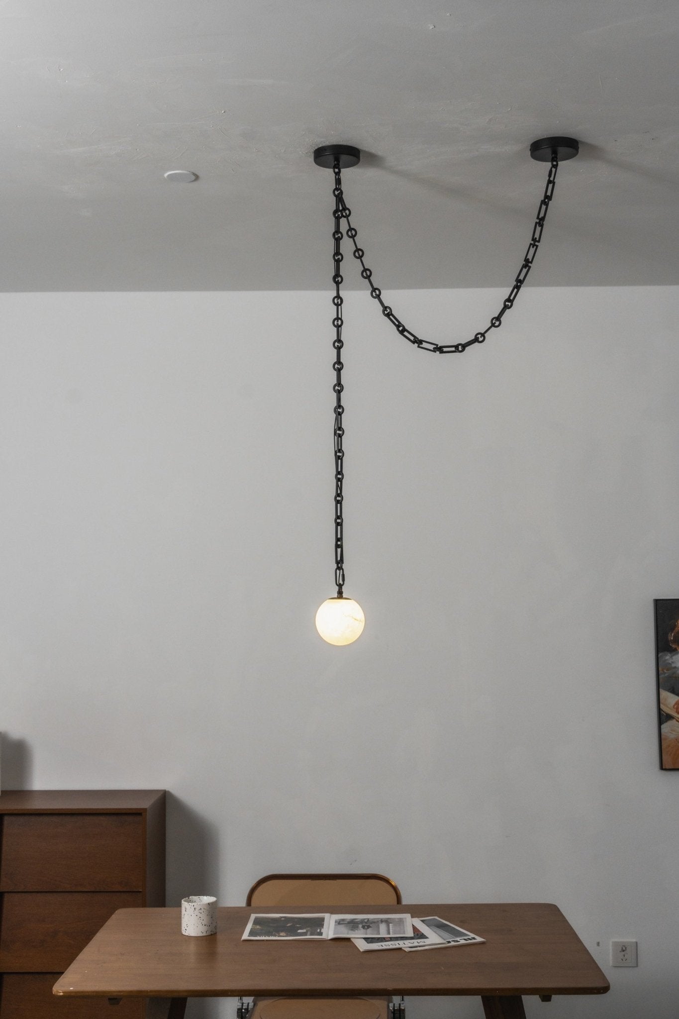Industrial Alabaster Orb Chain Chandelier with Adjustable Height & Dim