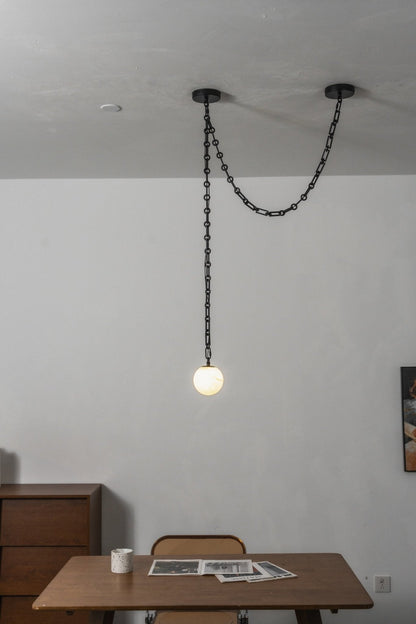 Industrial Alabaster Orb Chain Chandelier with Adjustable Height & Dim