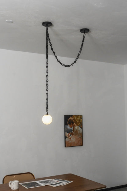 Industrial Alabaster Orb Chain Chandelier with Adjustable Height & Dim