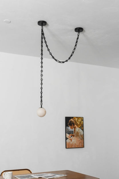 Industrial Alabaster Orb Chain Chandelier with Adjustable Height & Dim