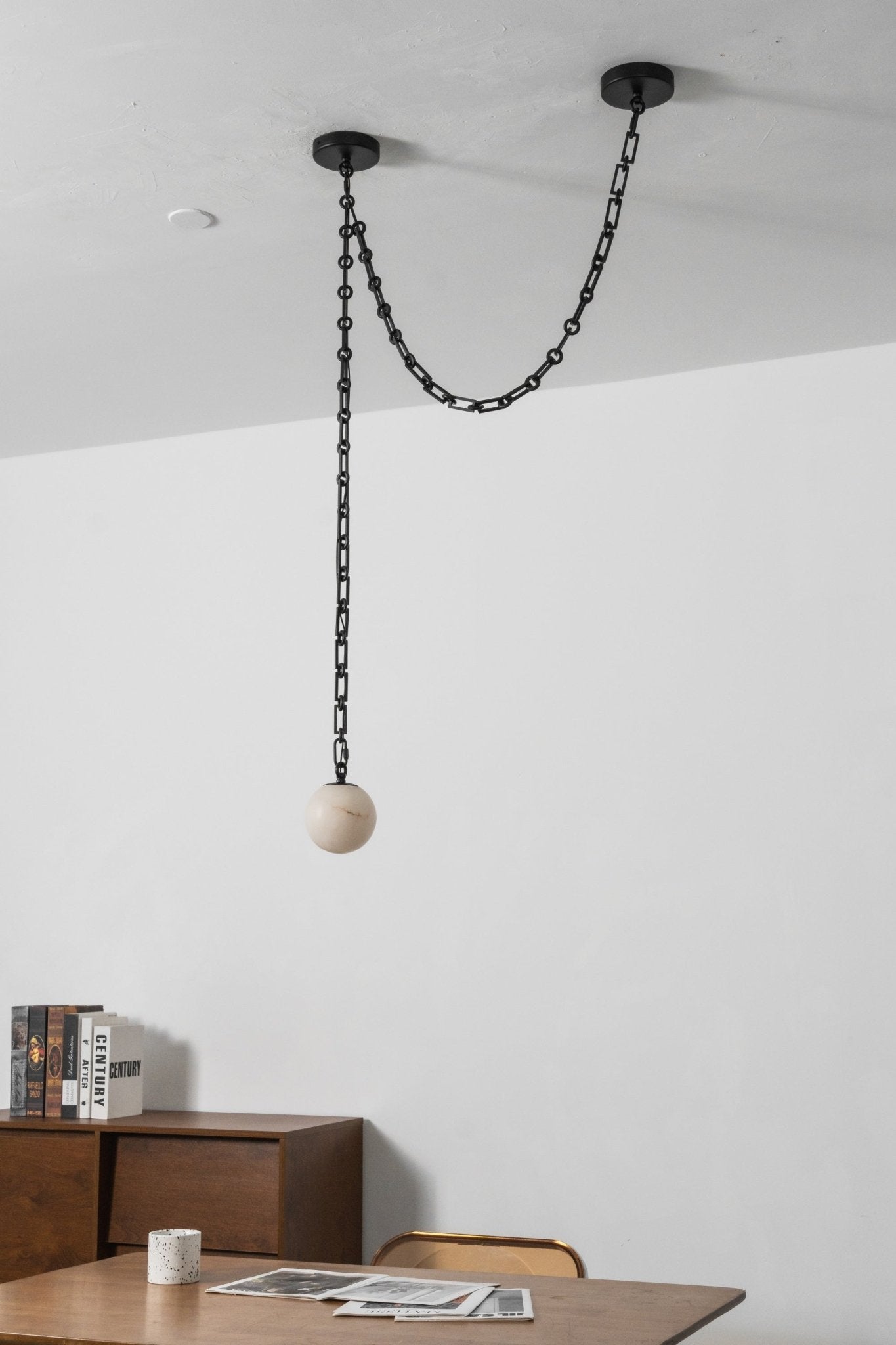 Industrial Alabaster Orb Chain Chandelier with Adjustable Height & Dim
