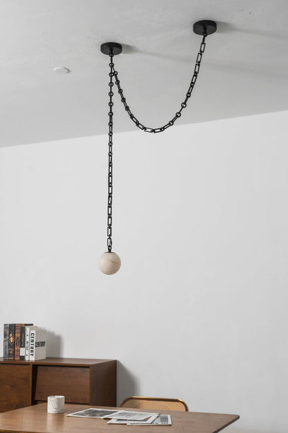 Industrial Alabaster Orb Chain Chandelier with Adjustable Height & Dim