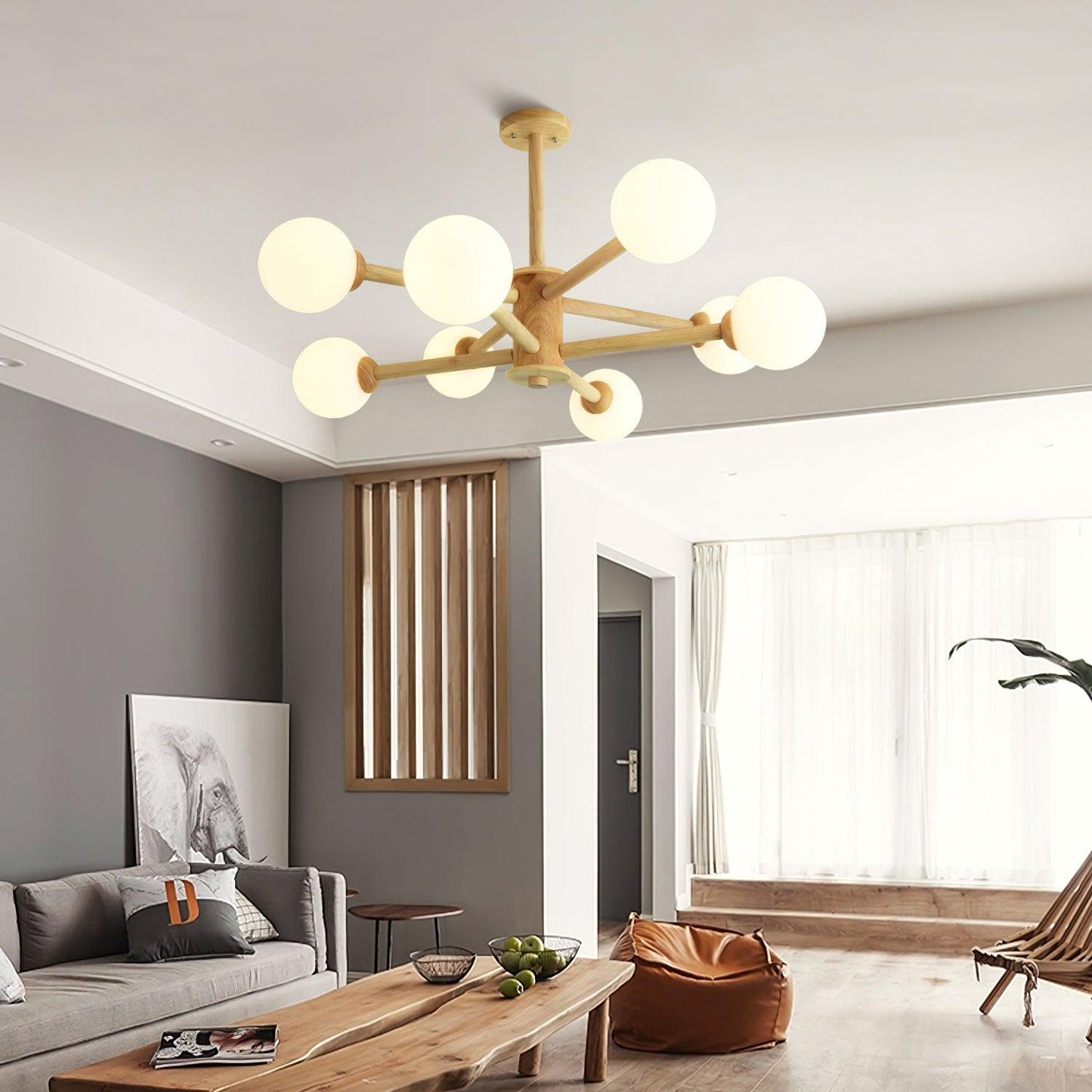 Kozan Wooden Chandelier - Elegant Design with Adjustable Height & LED