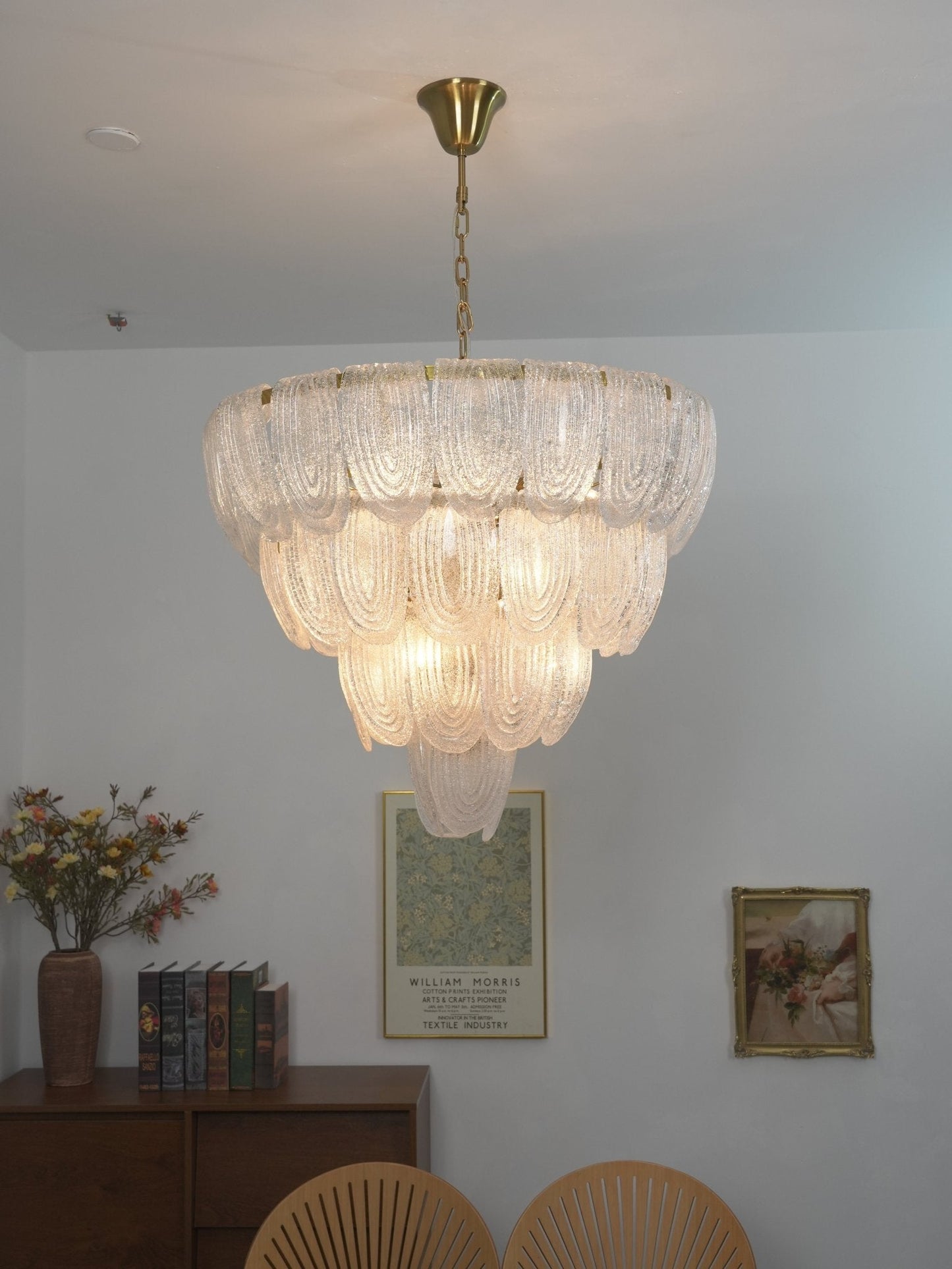 Elegant Layered Glass Petal Chandelier with Adjustable Height & LED Co