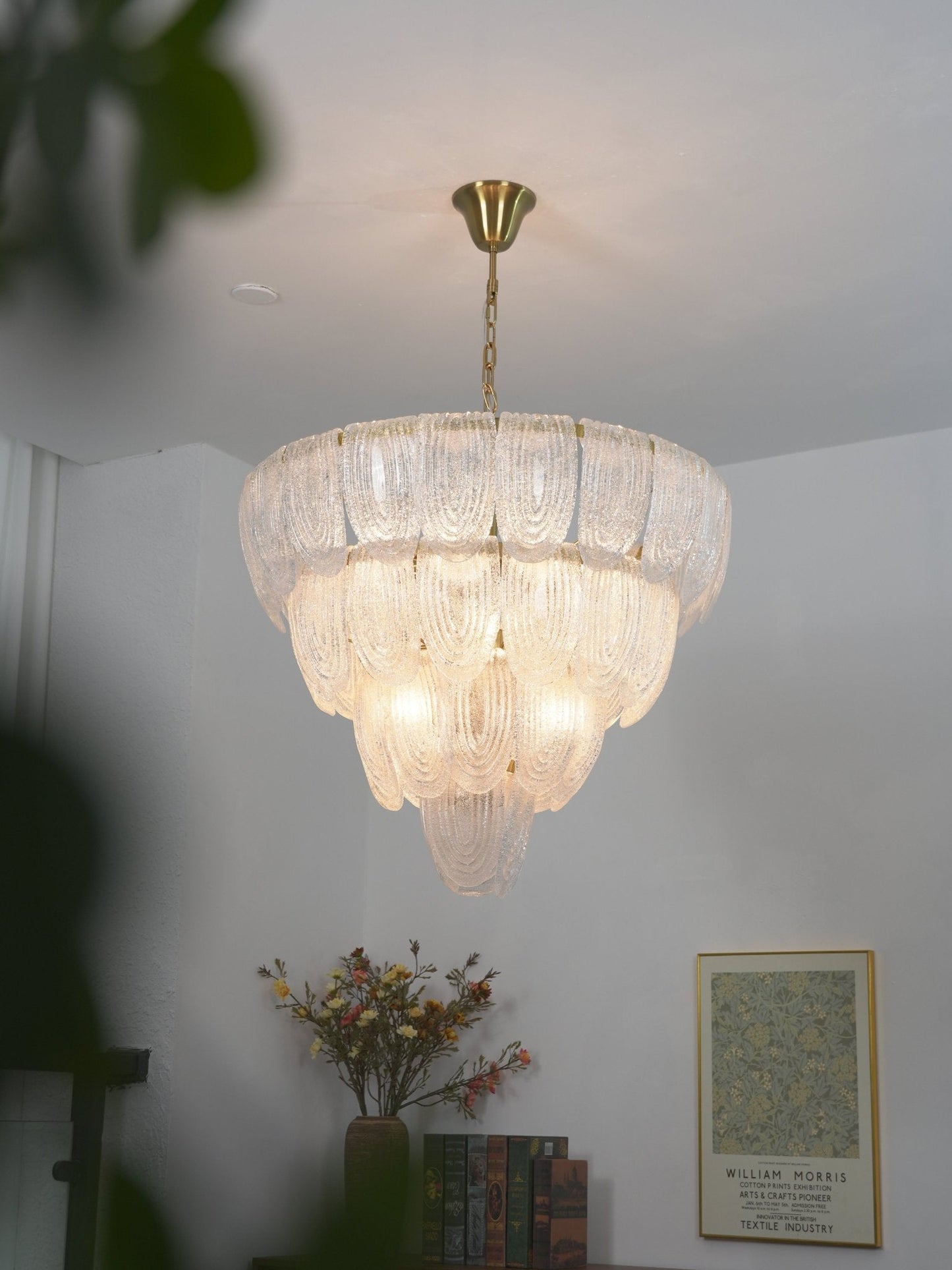 Elegant Layered Glass Petal Chandelier with Adjustable Height & LED Co
