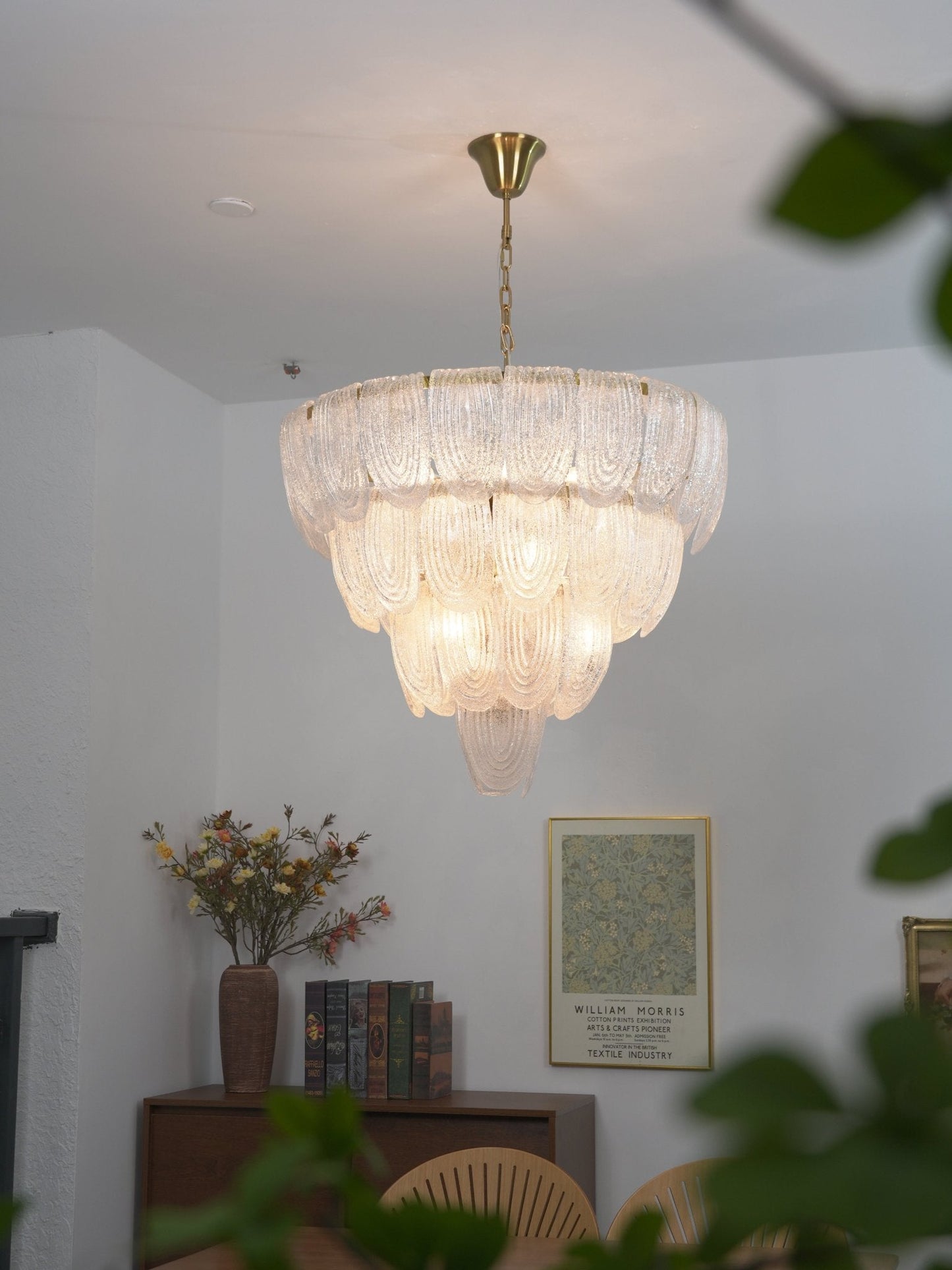 Elegant Layered Glass Petal Chandelier with Adjustable Height & LED Co