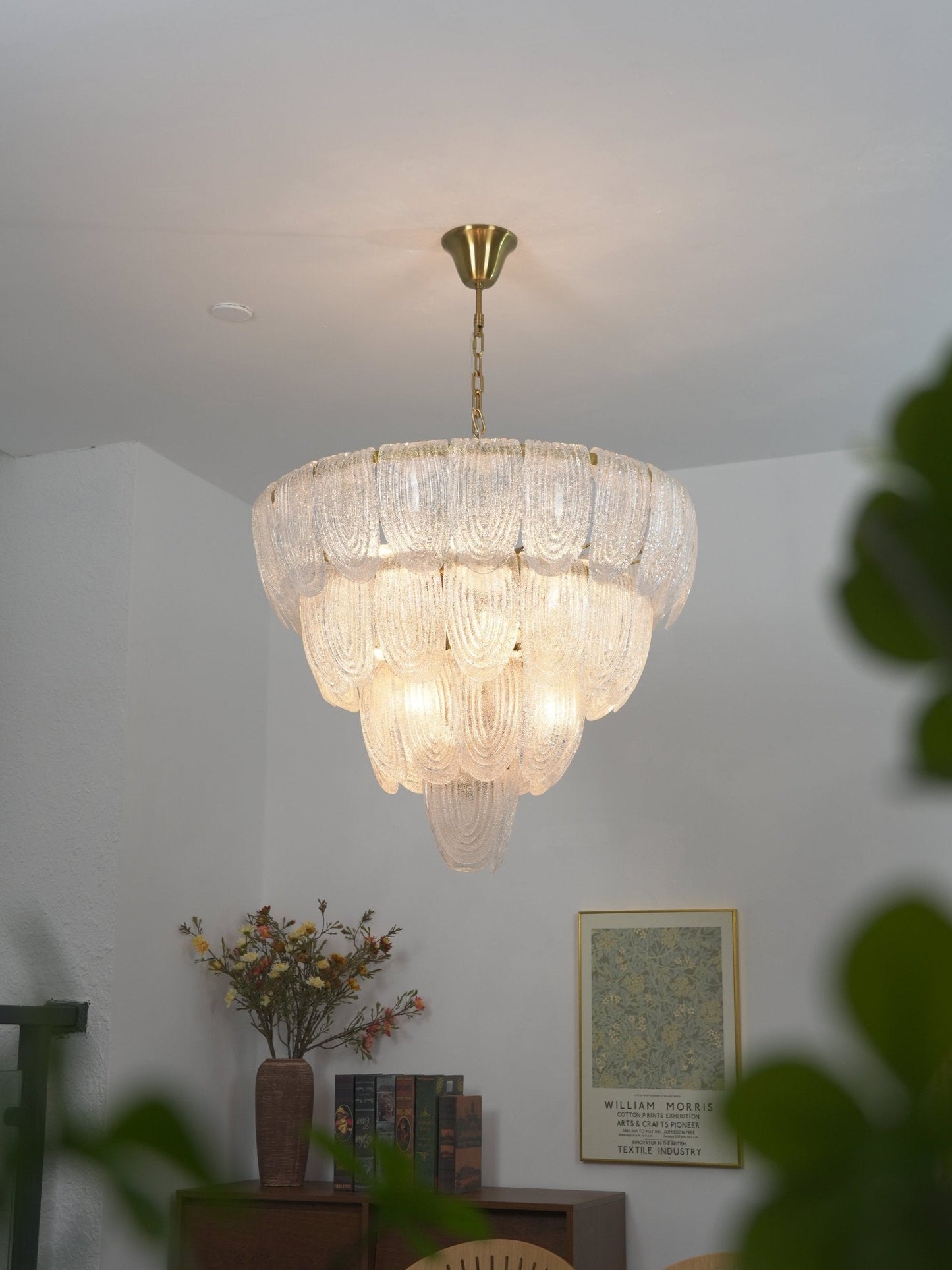 Elegant Layered Glass Petal Chandelier with Adjustable Height & LED Co
