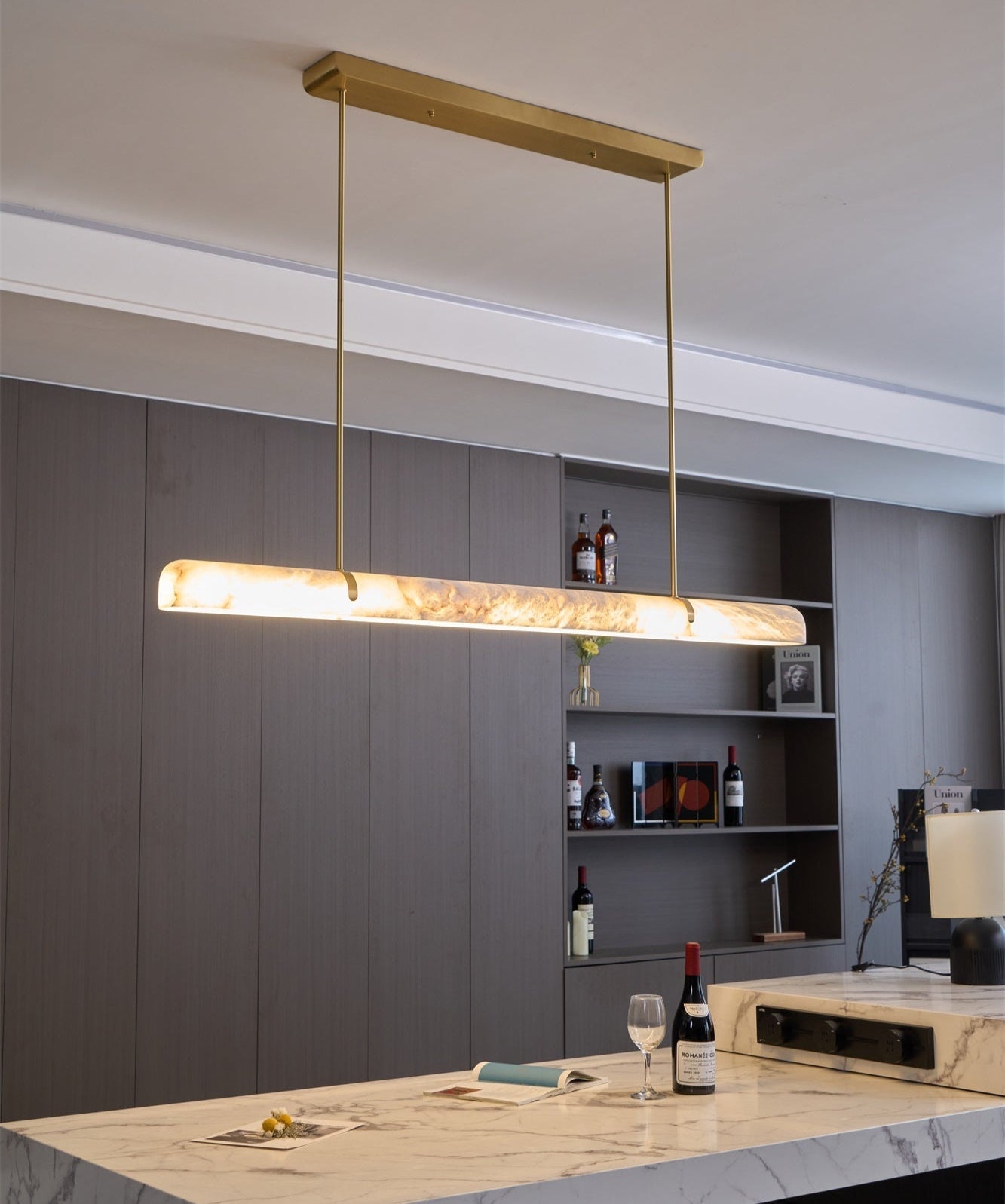 Linear Alabaster Chandelier with Adjustable Height and Soft LED Lighti