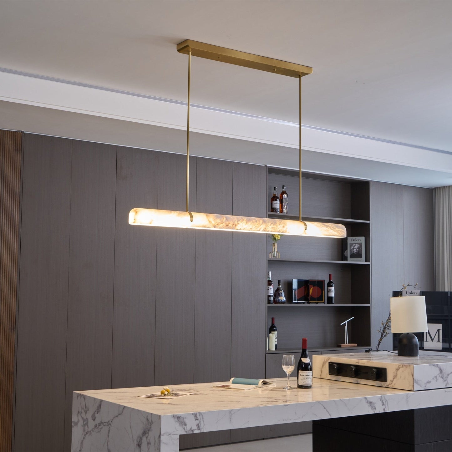Linear Alabaster Chandelier with Adjustable Height and Soft LED Lighti