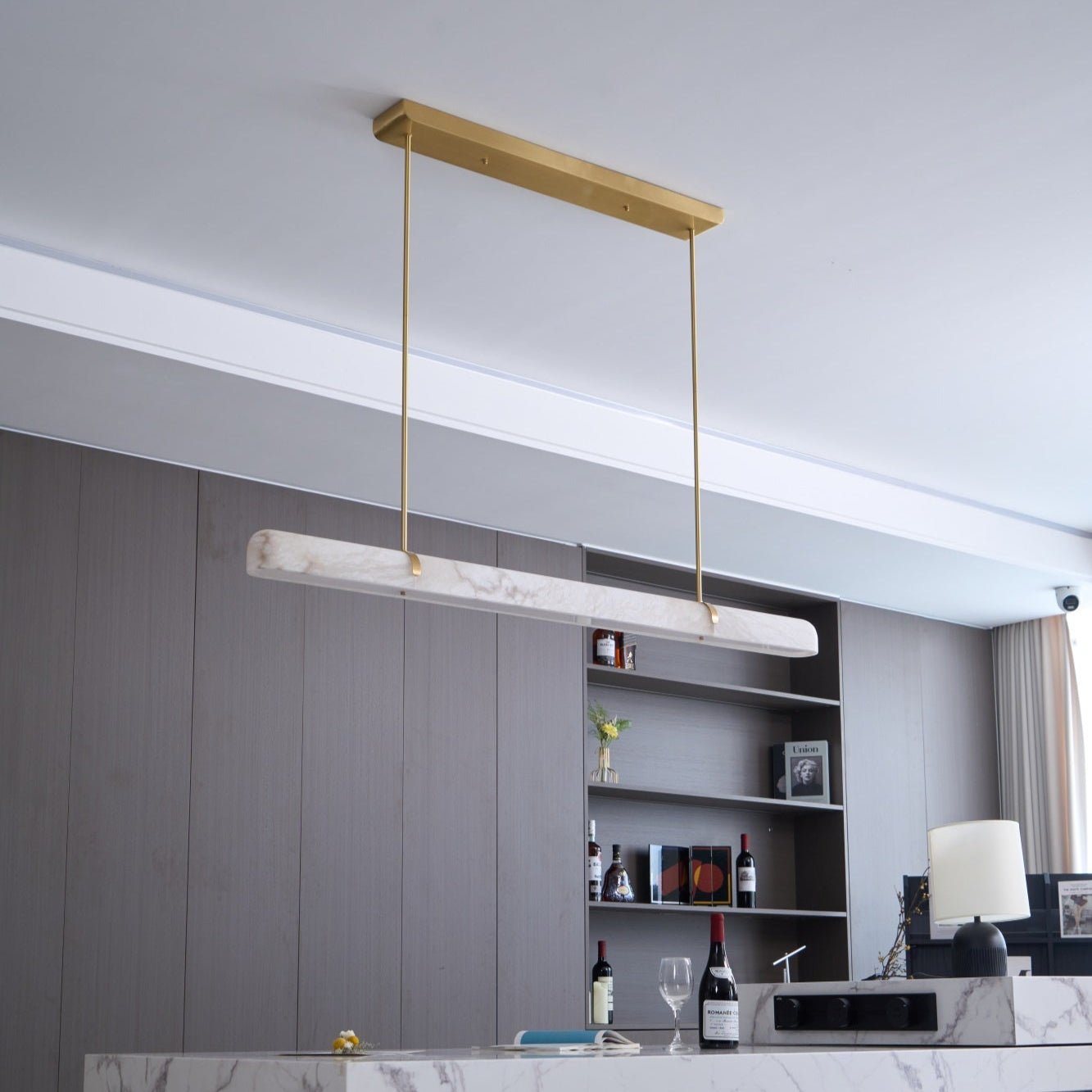 Linear Alabaster Chandelier with Adjustable Height and Soft LED Lighti