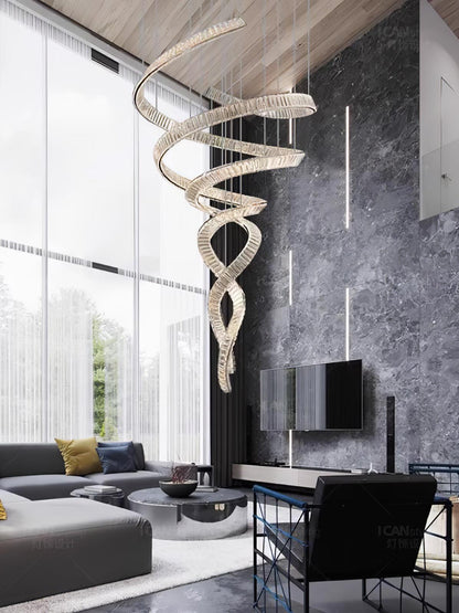 Elegant Long Spiral Crystal Chandelier with Adjustable Height & LED Li