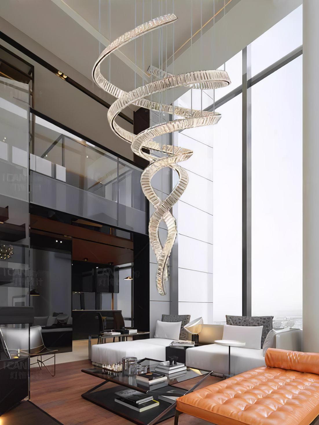 Elegant Long Spiral Crystal Chandelier with Adjustable Height & LED Li