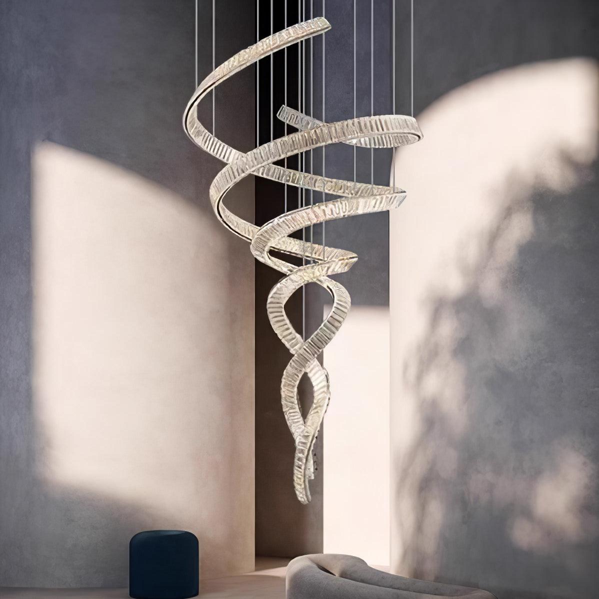 Elegant Long Spiral Crystal Chandelier with Adjustable Height & LED Li