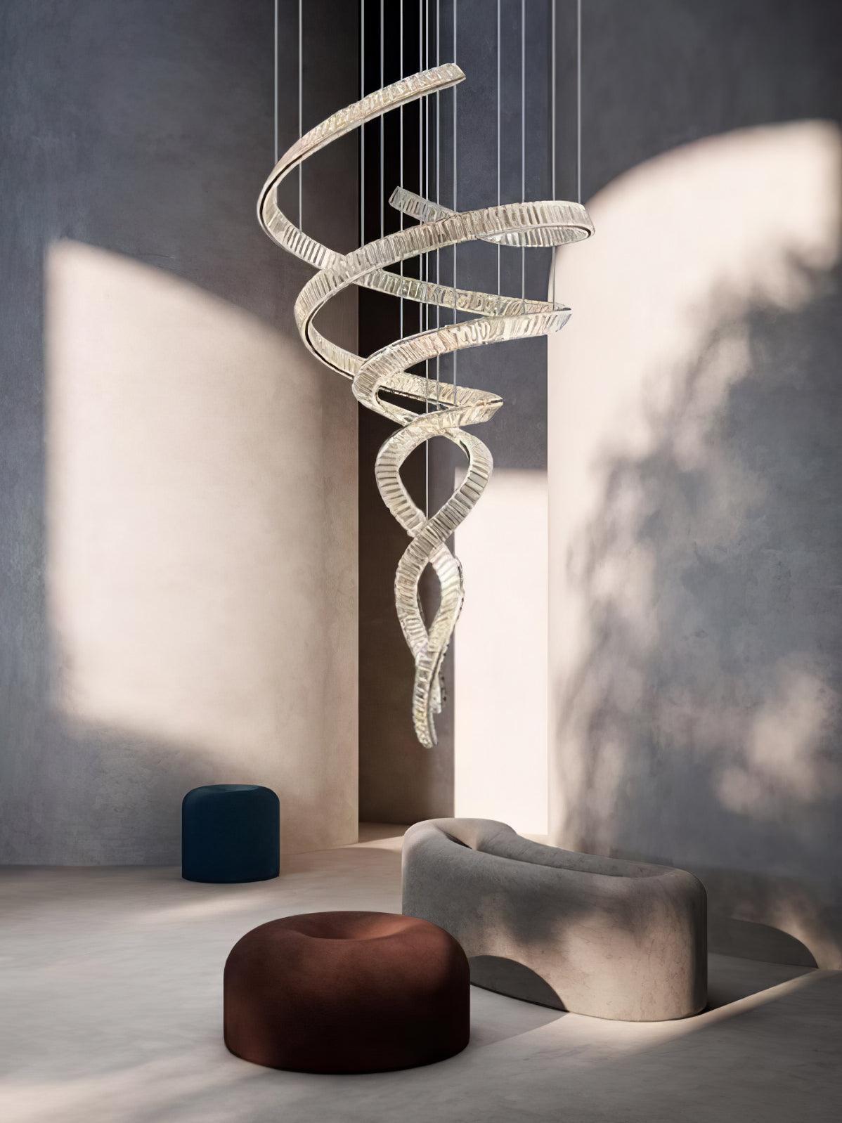 Elegant Long Spiral Crystal Chandelier with Adjustable Height & LED Li