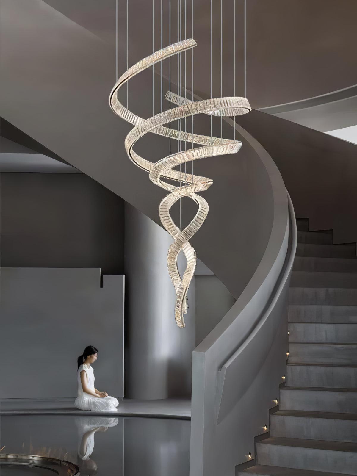 Elegant Long Spiral Crystal Chandelier with Adjustable Height & LED Li
