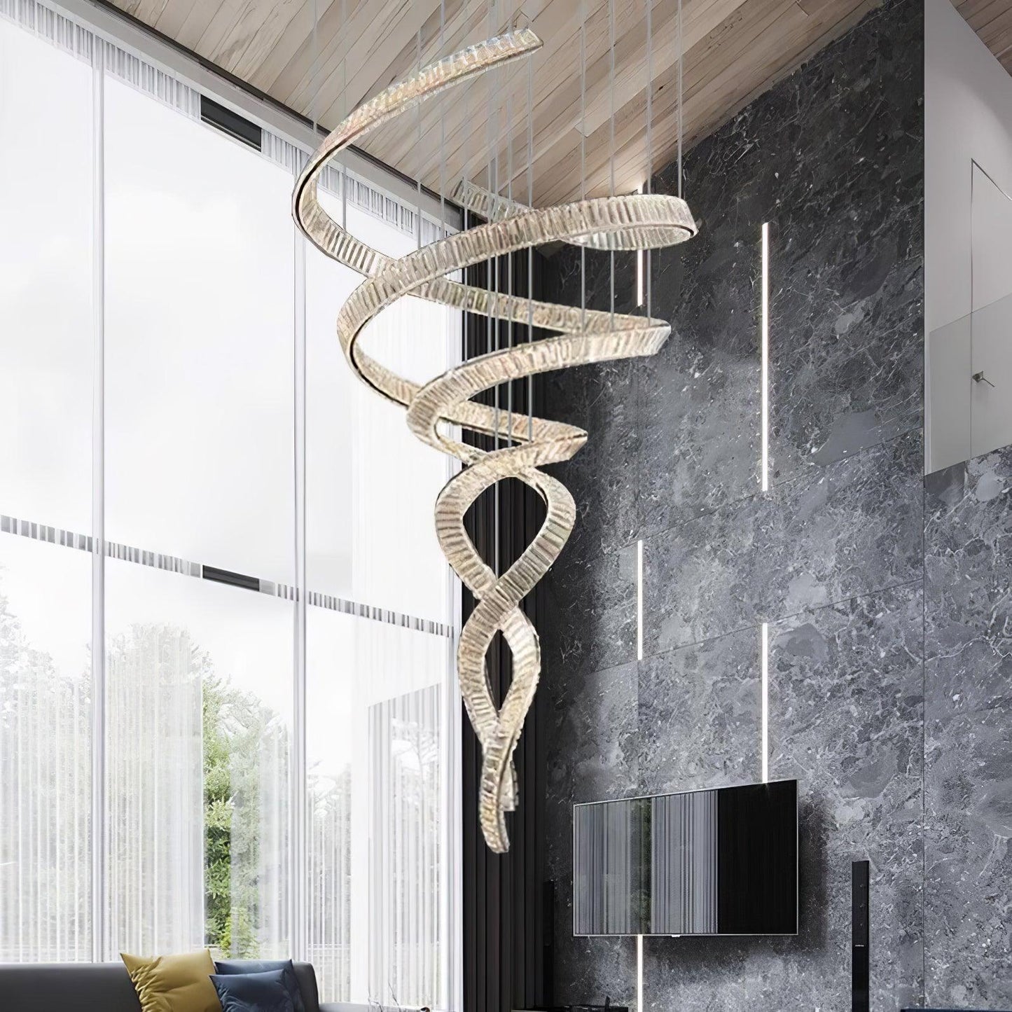 Elegant Long Spiral Crystal Chandelier with Adjustable Height & LED Li