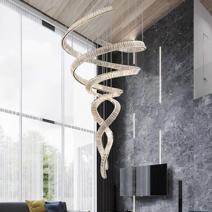 Elegant Long Spiral Crystal Chandelier with Adjustable Height & LED Li