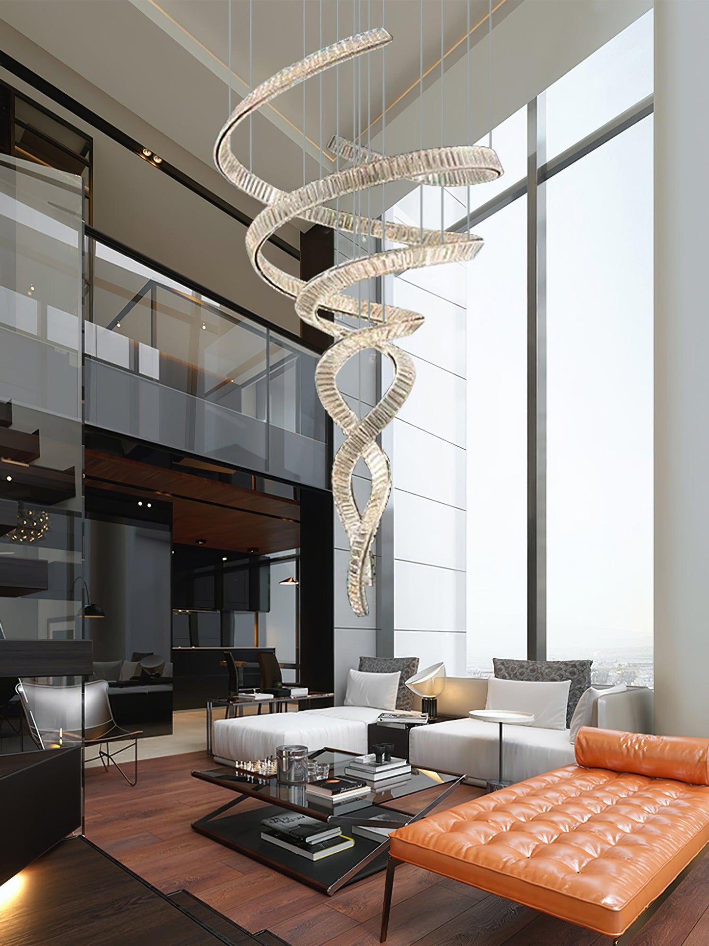 Elegant Long Spiral Crystal Chandelier with Adjustable Height & LED Li