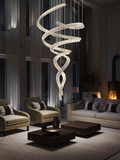 Elegant Long Spiral Crystal Chandelier with Adjustable Height & LED Li