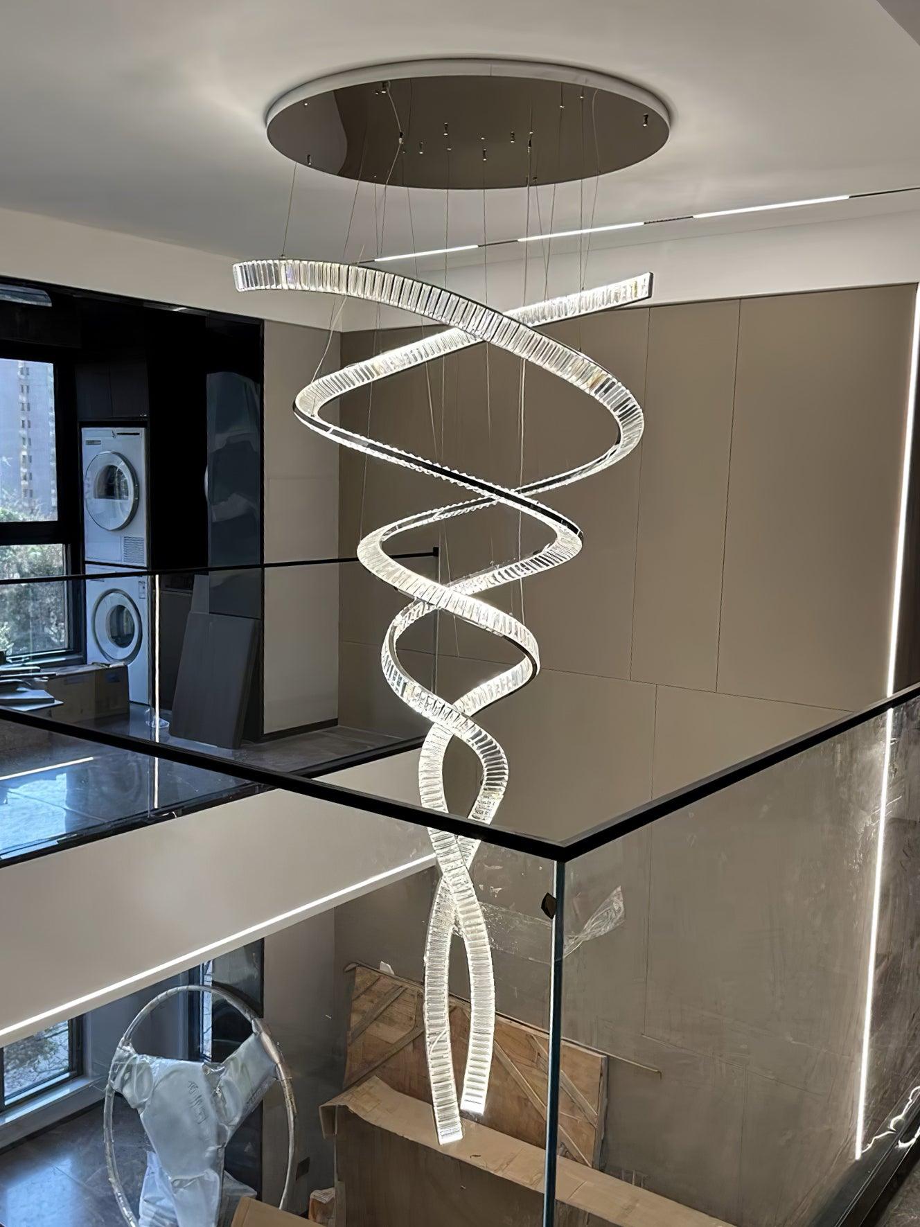 Elegant Long Spiral Crystal Chandelier with Adjustable Height & LED Li