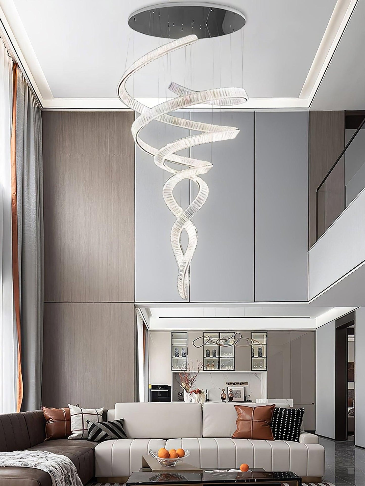 Elegant Long Spiral Crystal Chandelier with Adjustable Height & LED Li