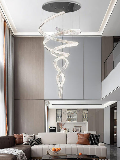 Elegant Long Spiral Crystal Chandelier with Adjustable Height & LED Li