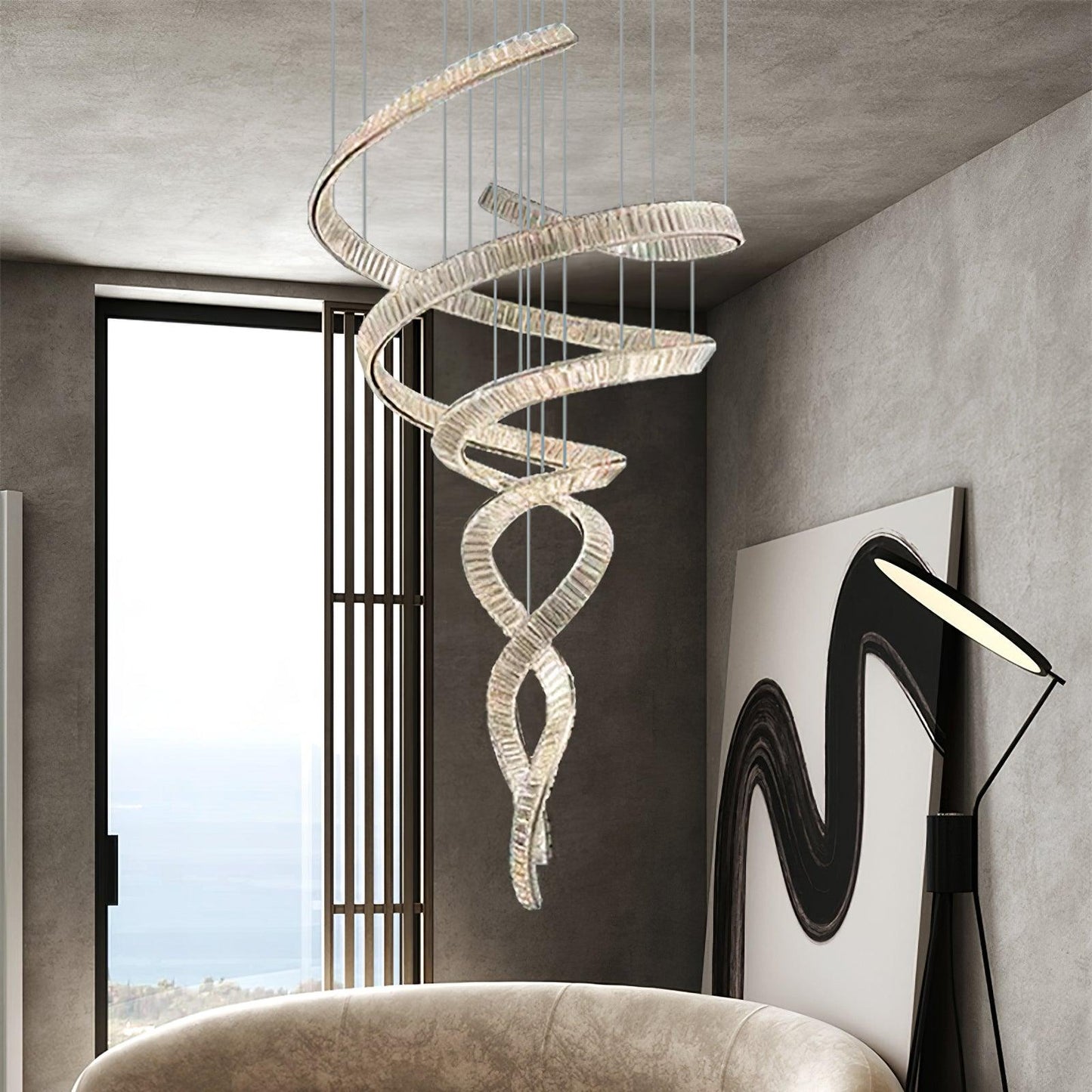 Elegant Long Spiral Crystal Chandelier with Adjustable Height & LED Li