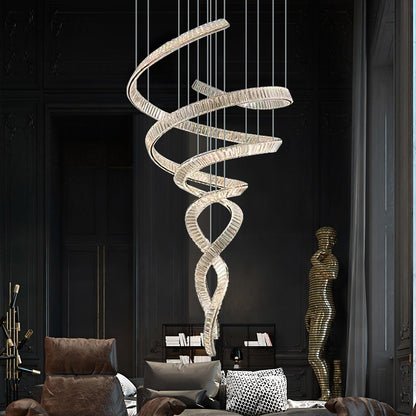 Elegant Long Spiral Crystal Chandelier with Adjustable Height & LED Li