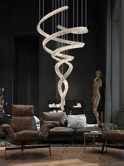 Elegant Long Spiral Crystal Chandelier with Adjustable Height & LED Li