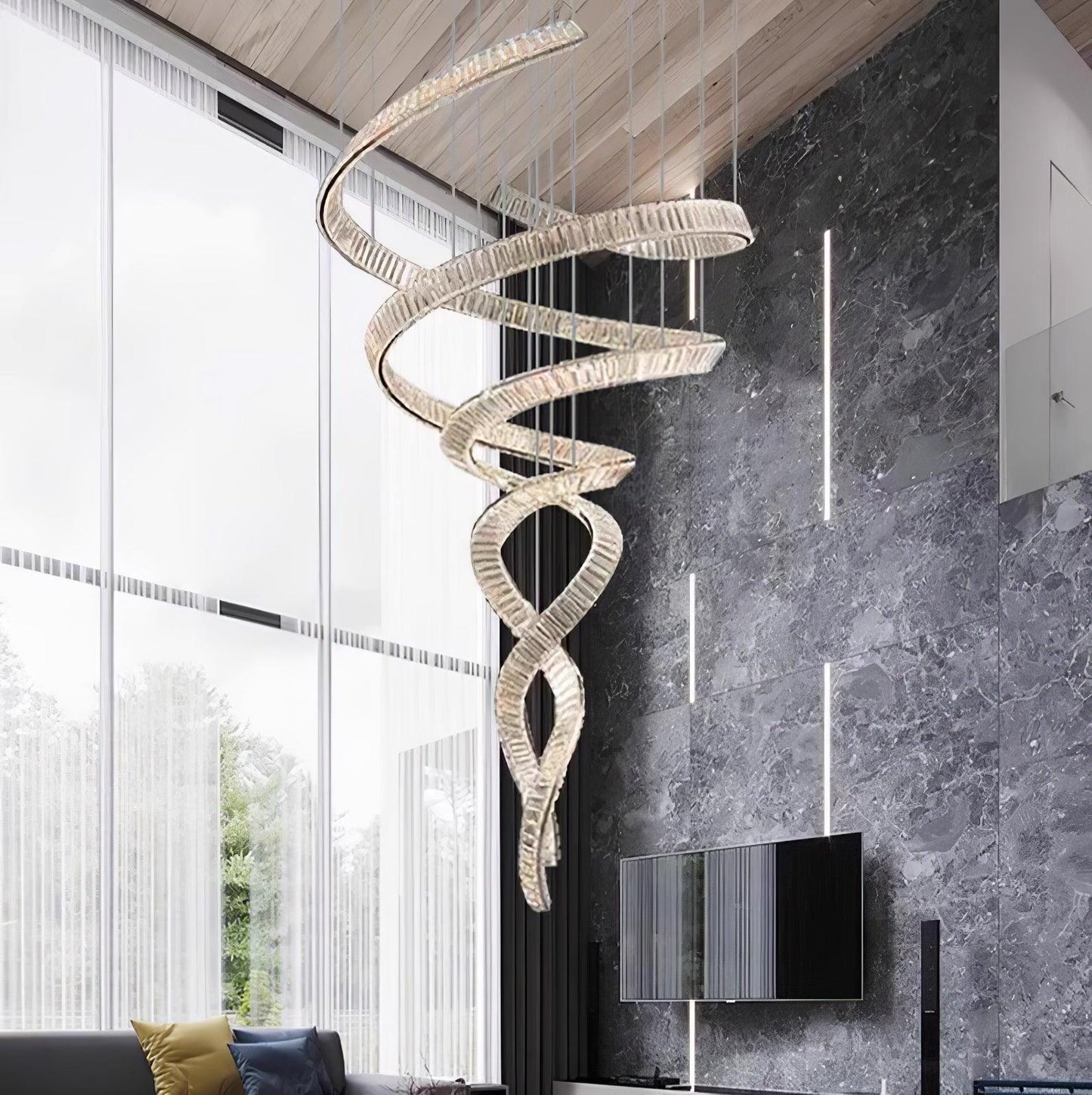 Elegant Long Spiral Crystal Chandelier with Adjustable Height & LED Li